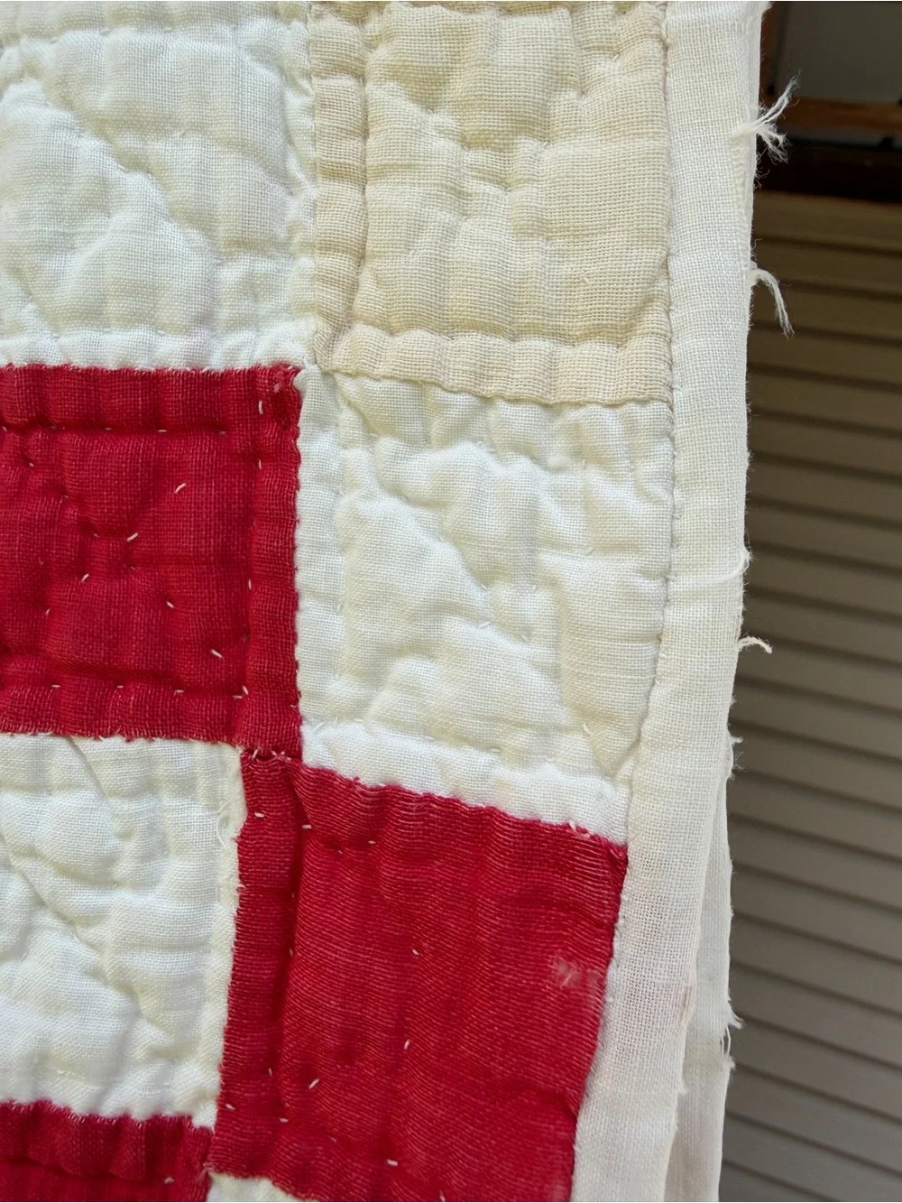 Vintage 1930-1940s Red & White Patchwork Checkered Feed Sack Quilt 65x74